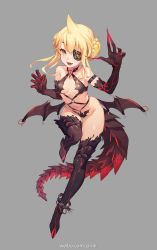 Rule 34 | 1girl, :d, ankle strap, arm strap, armor, black gloves, black thighhighs, black wings, blonde hair, boots, braid, braided bun, breasts, claws, criin (659503), criss-cross halter, double bun, elbow gloves, eyepatch, fangs, fingernails, gloves, grey background, hair bun, halterneck, heart o-ring, highres, horns, leaning forward, leg up, long fingernails, low wings, navel, open mouth, revealing clothes, short hair with long locks, simple background, single horn, small breasts, smile, solo, tail, thigh boots, thighhighs, twin braids, watermark, web address, wings, yellow eyes