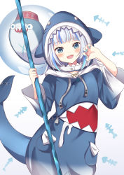 Rule 34 | 1girl, :d, animal costume, animal hood, bloop (gawr gura), blue eyes, blue hair, blue nails, blush, bubble, commentary, fins, fish bone, fish tail, gawr gura, gawr gura (1st costume), hat, highres, holding, hololive, hololive english, hood, looking at viewer, multicolored hair, nail polish, open mouth, rikopin, shark, shark costume, shark hood, shark tail, sharp teeth, smile, streaked hair, tail, teeth, virtual youtuber, white background