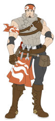 Rule 34 | 1boy, alternate costume, bara, bare shoulders, billy (gyee), boots, covered abs, facial hair, full body, goatee, gyee, headband, impossible clothes, knee boots, leather, leather boots, looking at viewer, male focus, muscular, muscular male, orange headband, pants, pectorals, short hair, sideburns, smile, solo, sunfight0201, tight clothes, tight pants