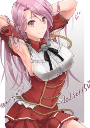 Rule 34 | 1girl, absurdres, armpit cutout, armpits, breasts, closed mouth, clothing cutout, dated, highres, kantai collection, large breasts, long hair, luigi di savoia duca degli abruzzi (kancolle), one-hour drawing challenge, pink eyes, pink hair, pleated skirt, red shirt, red skirt, shiomugi (shio mugi1107), shirt, sideboob, skirt, smile, solo, twitter username