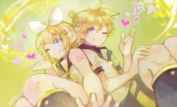 Rule 34 | 1boy, 1girl, back-to-back, bare shoulders, bass clef, black collar, blonde hair, blue eyes, bow, collar, commentary, from below, hair bow, hair ornament, hairclip, hand on own knee, headphones, heart, highres, kagamine len, kagamine rin, keaifeng, leg warmers, looking at viewer, nail polish, neckerchief, necktie, one eye closed, sailor collar, school uniform, shirt, short hair, short ponytail, short shorts, short sleeves, shorts, shoulder tattoo, sitting, sleeveless, sleeveless shirt, smile, spiked hair, swept bangs, tattoo, treble clef, vocaloid, w, white bow, white shirt, yellow background, yellow nails, yellow neckerchief