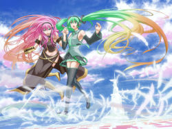 Rule 34 | 2girls, boots, cloud, day, detached sleeves, feathers, gradient hair, green eyes, green hair, holding hands, hatsune miku, headphones, isizuka sam, knee boots, long hair, megurine luka, multicolored hair, multiple girls, necktie, open mouth, pink hair, skirt, sky, thigh boots, thighhighs, twintails, very long hair, vocaloid