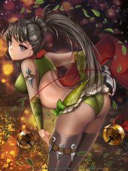 Rule 34 | 1girl, arm wrap, ass, bad id, bad pixiv id, bell, black pantyhose, brown eyes, brown hair, crop top, fishnet pantyhose, fishnets, from behind, garter belt, hand on own hip, hand on own knee, highres, kaizin rumble, kama (weapon), kunai, leaning forward, long hair, microskirt, midriff, ninja, original, pantyhose, ponytail, primcoco, red scarf, scarf, sickle, skirt, solo, thighhighs, thighs, weapon