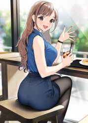 Rule 34 | 1girl, akaori umeka, arm up, arms up, black pantyhose, blue skirt, blurry, blurry background, blush, breasts, brown eyes, brown hair, chair, cup, doushimasho, drink, drinking glass, drinking straw, food, high-waist skirt, highres, holding, holding cup, indoors, large breasts, long hair, looking at viewer, mole, mole under eye, nail polish, office lady, open mouth, original, outdoors, pantyhose, pencil skirt, pink nails, plate, shirt, skirt, sleeveless, sleeveless shirt, stool, table, teeth, tray, tree, upper teeth only, watch, window, wooden stool, wooden table, wristwatch