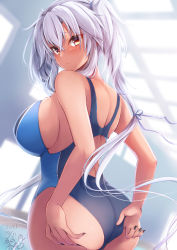 Rule 34 | 1girl, absurdres, adjusting clothes, adjusting swimsuit, alternate costume, ass, back, black nails, blue one-piece swimsuit, blush, breasts, competition swimsuit, cowboy shot, dark-skinned female, dark skin, dated, hair between eyes, highres, indoors, kantai collection, large breasts, mashiro yukiya, musashi (kancolle), musashi kai ni (kancolle), nail polish, one-piece swimsuit, platinum blonde hair, pool, red eyes, rei no pool, short hair with long locks, signature, silver hair, solo, swimsuit, twintails, two side up
