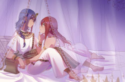 Rule 34 | 2girls, alternate hairstyle, anklet, arm rest, barefoot, bed, blue hair, bracelet, braid, earrings, egyptian clothes, eye contact, eyeshadow, feet, grabbing another&#039;s chin, hand on another&#039;s chin, highres, jewelry, long hair, looking at another, love live!, love live! sunshine!!, makeup, matsuura kanan, multiple girls, purple eyes, red hair, sakurauchi riko, side braid, smile, toes, veil, walluka, yellow eyes, yuri