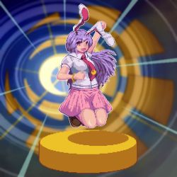 Rule 34 | 1girl, animal ears, arm up, kisasage kouta, legacy of lunatic kingdom, legs together, long hair, necktie, open mouth, pixel art, purple hair, rabbit ears, red eyes, red necktie, reisen udongein inaba, skirt, smile, solo, touhou
