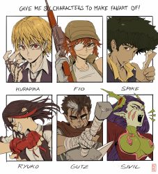 Rule 34 | 3boys, 3girls, afro, afterimage, ak-47, assault rifle, bandaged arm, bandages, baseball cap, berserk, black eyes, black hair, black jacket, black neckwear, blonde hair, blood, blood on face, bodysuit, breasts, brown eyes, brown hair, brown headwear, brown vest, character name, cigarette, closed mouth, collared shirt, collared vest, commentary, cowboy bebop, dragonslayer (sword), earrings, edpan, english commentary, english text, fangs, finger gun, finger on trigger, fingerless gloves, fio germi, forehead jewel, glasses, gloves, green hair, grey gloves, grey shirt, grin, gun, guts (berserk), hand up, hat, highres, holding, holding gun, holding sword, holding weapon, hunter x hunter, jacket, jewelry, kalashnikov rifle, kill la kill, kurapika, large breasts, looking at viewer, macross, macross 7, matoi ryuuko, metal slug, mouth hold, multicolored hair, multiple boys, multiple drawing challenge, multiple girls, necktie, opaque glasses, open mouth, parted lips, partially opaque glasses, purple hair, red eyes, red gloves, red hair, rifle, ring, ringed eyes, sanpaku, scar, scar across eye, scar on face, shirt, short hair, sivil, six fanarts challenge, smile, spike spiegel, streaked hair, sword, vest, weapon, white hair, white shirt, wing collar