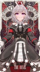 Rule 34 | 1girl, absurdres, animal ears, black jacket, bow, breasts, chain, character name, closed mouth, commentary request, curren chan (umamusume), discharge mochi, dress, ear bow, gloves, grey hair, hair between eyes, highres, horse ears, jacket, long sleeves, looking at viewer, medium breasts, off-shoulder jacket, off shoulder, purple eyes, red bow, red thighhighs, romaji text, sleeveless, sleeveless dress, smile, solo, striped clothes, striped dress, tarot, tarot (medium), the devil (tarot), thighhighs, umamusume, vertical-striped clothes, vertical-striped dress, white gloves