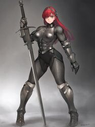 Rule 34 | 1girl, armor, chainmail, full body, gauntlets, hairband, highres, long hair, muscular, muscular female, original, red hair, solo, sword, takebouzu, weapon