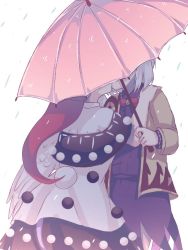 Rule 34 | 2girls, bow, bowtie, brooch, commentary, doremy sweet, dress, hand on another&#039;s shoulder, hat, jacket, jewelry, kishin sagume, kiss, layered dress, long sleeves, multiple girls, nightcap, pink umbrella, pom pom (clothes), rain, sakikagami, shared umbrella, silver hair, single wing, touhou, umbrella, wings, yuri