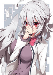 Rule 34 | 1girl, ahoge, blush, bow, breasts, commentary request, dress, feathered wings, fingernails, hair between eyes, hand on own face, hand up, jacket, kishin sagume, large breasts, long hair, long sleeves, looking at viewer, milkpanda, open clothes, open jacket, parted lips, purple dress, red bow, red eyes, silver hair, silver wings, single sleeve, solo, touhou, white jacket, wings