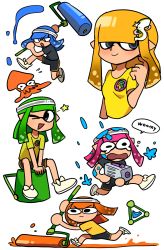 Rule 34 | &gt; o, 5girls, ;d, badge, black shirt, black shorts, blonde hair, blue hair, breasts, button badge, closed mouth, commentary, english commentary, flying sweatdrops, grey eyes, hair ornament, highres, hime cut, inkling, inkling girl, inkling player character, lakilolom, multiple girls, nintendo, one eye closed, open mouth, orange hair, paint, pink hair, pointy ears, running, shirt, shoes, short sleeves, shorts, simple background, small breasts, smile, speech bubble, splat bomb (splatoon), splat roller (splatoon), splatoon (series), splatoon 2, splattershot jr (splatoon), squid, sweatband, t-shirt, tentacle hair, white background, yellow shirt