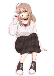 Rule 34 | 1girl, :o, absurdres, ahoge, berry, black choker, brown eyes, brown footwear, brown hair, brown skirt, choker, crossed bangs, earrings, eating, fingernails, food-themed earrings, high tops, highres, hololive, hololive english, jewelry, long hair, long skirt, looking at viewer, multicolored hair, nanashi mumei, nanashi mumei (casual), necklace, official alternate costume, open mouth, plaid, plaid skirt, red shirt, red socks, sayo0692, shirt, shoes, skirt, sleeves past wrists, sneakers, socks, streaked hair, sweater, virtual youtuber, white sweater