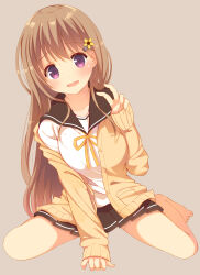 Rule 34 | 1girl, absurdres, arm support, bare legs, black skirt, blush, breasts, brown hair, brown sweater, flower, flower ornament, full body, grey background, hair flower, hair ornament, highres, long hair, looking at viewer, medium breasts, minase kaya, off shoulder, open mouth, original, pleated skirt, purple eyes, ribbon, school uniform, shirt, simple background, sitting, skirt, sleeves past wrists, solo, straight hair, sweater, v, wariza, white shirt, yellow ribbon