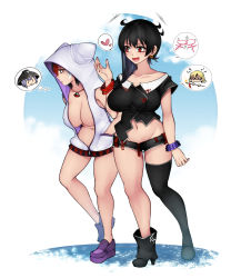 Rule 34 | 2girls, adapted costume, aoshima, asymmetrical legwear, black hair, black legwear, black shirt, black shorts, blouse, blush, breasts, cleavage, closed mouth, collarbone, commentary request, contemporary, frown, full body, groin, heart, high heels, highres, hood, hood up, hoodie, houjuu nue, implied yuri, interlocked venus symbols, jewelry, kijin seija, large breasts, long hair, looking afar, looking at another, looking to the side, loose socks, micro shorts, midriff, multicolored hair, multiple girls, naked hoodie, navel, necklace, no bra, no wings, open mouth, purple footwear, red eyes, red hair, shirt, shoes, short hair, short sleeves, shorts, single thighhigh, smile, socks, spoken character, spoken heart, spoken venus symbol, streaked hair, sukuna shinmyoumaru, thighhighs, toramaru shou, touhou, venus symbol, white background, white hair, white hoodie, wristband