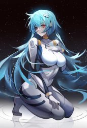 Rule 34 | 1girl, alternate hair length, alternate hairstyle, ayanami rei, blue hair, bodysuit, breasts, covered navel, curvy, evangelion: 3.0+1.0 thrice upon a time, hairpods, highres, interface headset, kuroha (rockluo213), long hair, medium breasts, neon genesis evangelion, pilot suit, plugsuit, rebuild of evangelion, red eyes, resolution mismatch, solo, source smaller, spoilers, very long hair, white bodysuit