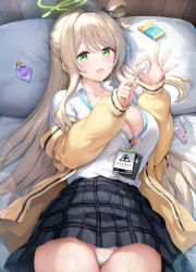 Rule 34 | 1girl, black skirt, blue archive, blush, breasts, cleavage, collared shirt, condom box, dress shirt, green eyes, hair bun, halo, highres, id card, jacket, lanyard, large breasts, light brown hair, long hair, long sleeves, looking at viewer, mimikaki, nonomi (blue archive), open clothes, open jacket, open mouth, panties, plaid clothes, plaid skirt, pleated skirt, sayika, shirt, single side bun, skirt, smile, solo, thighs, underwear, white panties, white shirt, yellow jacket