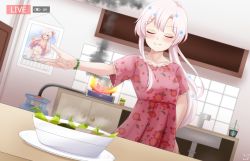 Rule 34 | 1girl, alternate costume, blush, calendar (object), character request, collarbone, commentary, cooking, english commentary, closed eyes, fire, food, highres, hoshizora rick, indie virtual youtuber, ponytail, silver hair, smile, smoke, solo, table, virtual youtuber
