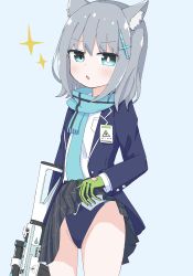 Rule 34 | 1girl, absurdres, animal ear fluff, animal ears, assault rifle, black jacket, black skirt, blue archive, blue background, blue eyes, blue necktie, blue scarf, blush, clothes lift, commentary request, fringe trim, gloves, green gloves, grey hair, gun, hair between eyes, hair ornament, highres, jacket, lifted by self, long sleeves, looking at viewer, munakyomu, necktie, open clothes, open jacket, parted lips, pleated skirt, rifle, scarf, shiroko (blue archive), shiroko (swimsuit) (blue archive), shirt, sig sauer 556, simple background, skirt, skirt lift, solo, sparkle, swimsuit, swimsuit under clothes, weapon, white shirt