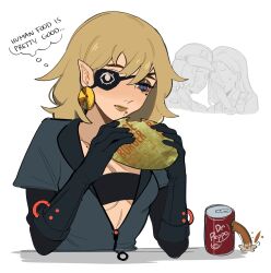 Rule 34 | 1girl, absurdres, bandeau, black bandeau, blonde hair, blue eyes, can, closed mouth, drink can, earrings, eating, elbows on table, eyepatch, highres, jewelry, marty (porqueloin), medium hair, mole, mole under eye, original, partially unzipped, pointy ears, porqueloin, simple background, sitting, soda can, solo, white background, wrapped burger, yellow lips