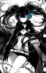 Rule 34 | 1girl, absurdres, artist name, bikini, bikini top only, black hair, black rock shooter, black rock shooter (character), blue eyes, chain, chinese commentary, choker, collarbone, cowboy shot, eyelashes, floating hair, front-tie bikini top, front-tie top, gloves, gradient background, grey background, hair between eyes, highres, hood, hooded jacket, jacket, limited palette, long hair, long sleeves, looking at viewer, sheya, short shorts, shorts, signature, solo, spot color, star (symbol), stitches, stomach, swimsuit, thighs, white background