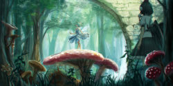 Rule 34 | 2girls, arch, bare legs, black hair, black skirt, black wings, blue dress, blue hair, blurry, cirno, commentary, dancing, depth of field, dress, facing away, fly agaric, forest, from behind, full body, grass, hat, highres, looking at another, multiple girls, mushroom, nature, outdoors, plant, pom pom (clothes), puffy short sleeves, puffy sleeves, red neckwear, roke (taikodon), shameimaru aya, shirt, short hair, short sleeves, skirt, standing, tassel, tokin hat, touhou, tree, white shirt, wings