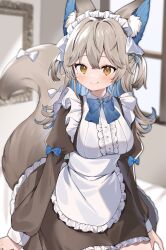 Rule 34 | 1girl, animal ear fluff, animal ears, apron, blue bow, blue bowtie, bow, bowtie, breasts, brown dress, brown eyes, brown hair, brown tail, closed mouth, commentary request, dress, fang, fox ears, fox girl, fox tail, highres, indoors, inuyayo, large breasts, long hair, looking at viewer, maid, maid apron, maid day, maid headdress, mirror, mole, mole under eye, original, sitting, solo, tail, tail bow, tail ornament, window