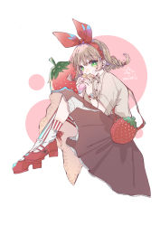 Rule 34 | 1girl, absurdres, asymmetrical legwear, bag, braid, brown hair, brown skirt, collared shirt, commentary request, crepe, dated, dessert, dress shirt, eating, food, fruit, full body, green eyes, grey shirt, hair ribbon, highres, holding, holding food, knees up, medium hair, muto 095, original, personification, red footwear, red ribbon, ribbon, shirt, shoes, shoulder bag, skirt, socks, solo, strawberry, striped clothes, striped socks, striped thighhighs, sweets, thighhighs, twin braids, uneven legwear, vertical-striped clothes, vertical-striped socks, vertical-striped thighhighs, white background