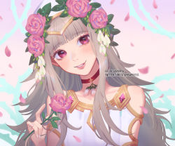 Rule 34 | 1girl, artist name, bare shoulders, blush, choker, commentary, dress, english commentary, english text, fire emblem, fire emblem heroes, flower, grey hair, hair flower, hair ornament, hat, holding, holding flower, instagram username, jewelry, leaf, leaf hair ornament, lips, long hair, looking at viewer, nail, nintendo, official alternate costume, parted lips, petals, pink flower, pink rose, red choker, red eyes, rose, saphirya, smile, solo, teeth, twitter username, valentine, veronica (fire emblem), white dress, white flower, white hat