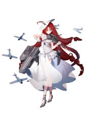 Rule 34 | 1girl, absurdres, aircraft, airplane, dress, drill hair, flight deck, gloves, hat, high heels, highres, holding, holding instrument, holding violin, instrument, long hair, machinery, red eyes, red hair, simple background, sleeveless, sleeveless dress, solo, very long hair, violin, warship girls r, white background, white dress, white gloves, white hat, yingxiong abubu