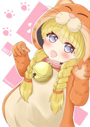 Rule 34 | 1girl, :d, absurdres, animal costume, animal hood, bell, blonde hair, blue eyes, blush, braid, cat costume, cat hood, character name, claw pose, commentary request, copyright name, cosplay, dragon quest, dragon quest xi, dutch angle, fang, hair between eyes, heart, highres, hood, hood up, jingle bell, kigurumi, long hair, looking at viewer, low twintails, open mouth, ridy (ri sui), smile, solo, twin braids, twintails, veronica (dq11)