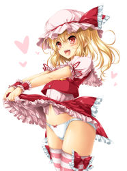 Rule 34 | 1girl, ascot, bat wings, blonde hair, blush, bow, bow legwear, bow panties, clothes lift, cowboy shot, crystal, fang, flandre scarlet, frilled shirt, frilled shirt collar, frilled skirt, frilled sleeves, frills, hat, hat ribbon, highres, kamiya tomoe, lifted by self, mob cap, one side up, panties, puffy short sleeves, puffy sleeves, red bow, red eyes, red ribbon, red skirt, red vest, ribbon, shirt, short hair, short sleeves, siblings, side ponytail, skirt, skirt lift, skirt set, striped clothes, striped thighhighs, thighhighs, touhou, underwear, vertical-striped clothes, vertical-striped thighhighs, vest, white panties, white shirt, wings, yellow ascot