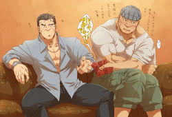 Rule 34 | 2boys, bara, beanie, black hair, blush, box, character request, collared shirt, copyright request, couch, feet out of frame, flustered, gift, gift box, hat, male focus, mature male, multiple boys, muscular, muscular male, on couch, partially unbuttoned, pectoral cleavage, pectoral squeeze, pectorals, shirt, short hair, shy, sideburns, sideways glance, torieda, translation request, valentine, yaoi