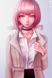 Rule 34 | 10s, 1girl, artist name, black neckwear, black skirt, blouse, brown jacket, buttons, choker, closed mouth, collared shirt, deviantart username, eyelashes, freckles, green eyes, hairu ihei, highres, jacket, long sleeves, looking at viewer, miura-n315, open clothes, open jacket, pink eyes, realistic, shirt, short hair, skirt, smile, solo, tokyo ghoul, white shirt