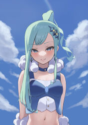 Rule 34 | 1girl, absurdres, arm warmers, blue collar, blue eyes, blue vest, blush, buttons, closed mouth, cloud, collar, commentary request, creatures (company), crop top, day, earrings, eyelashes, fur scarf, game freak, green hair, highres, jewelry, kenchamanpoi, lisia (pokemon), long hair, looking at viewer, midriff, navel, nintendo, outdoors, pokemon, pokemon oras, shirt, sidelocks, sky, sleeveless, smile, solo, stomach, upper body, vest, white shirt