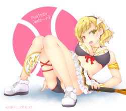 Rule 34 | :d, ass, bare shoulders, blonde hair, breasts, cleavage, deto, fang, green eyes, heterochromia, highres, looking at viewer, open mouth, racket, red eyes, shironeko project, shoes, sitting, skirt, smile, sneakers, solo, tennis racket