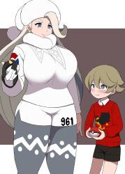 Rule 34 | 1boy, 1girl, age difference, blonde hair, blue eyes, blush, breasts, clothes writing, creatures (company), earrings, game freak, gloves, gym leader, hat, highres, holding, holding poke ball, huge breasts, jewelry, kloah, lips, long hair, long sleeves, mature female, melony (pokemon), nintendo, pantyhose, pantyhose under shorts, poke ball, poke ball (basic), pokemon, pokemon swsh, red sweater, scarf, shorts, silver hair, simple background, smile, sweater, thick eyebrows, two-tone background, ultra ball, wavy mouth, white sweater, winter clothes, you gonna get raped, youngster (pokemon)