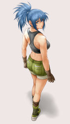 Rule 34 | 1girl, ass, back, blue hair, breasts, crop top, earrings, gloves, highres, jewelry, leona heidern, looking back, muscular, muscular female, ponytail, shorts, simple background, solo, the king of fighters, x chitch
