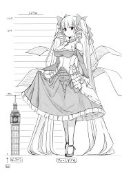 Rule 34 | 1girl, azur lane, bare shoulders, between breasts, bow, breasts, building, chart, cleavage, clothes lift, detached sleeves, elizabeth tower, formidable (azur lane), giant, giantess, hair bow, height chart, height mark, highres, large breasts, lifted by self, lolita fashion, long hair, necktie, necktie between breasts, red eyes, seo tatsuya, size difference, skirt, skirt lift, solo, tall female, twintails, white hair