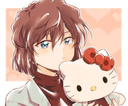 Rule 34 | 1girl, blue eyes, bow, brown hair, commentary request, crossover, haibara ai, hello kitty, hello kitty (character), holding, holding stuffed toy, light blush, looking at viewer, meitantei conan, red bow, sanrio, sasano-01, short hair, stuffed animal, stuffed cat, stuffed toy, sweater, turtleneck, turtleneck sweater