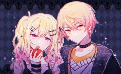 Rule 34 | 2boys, apple, argyle, argyle background, argyle clothes, black choker, black jacket, blonde hair, brother and sister, choker, closed mouth, cosplay, food, fruit, gradient hair, hair ornament, hairclip, highres, holding, holding food, holding fruit, jacket, jewelry, kagamine len, kagamine len (cosplay), lace background, leo/need len, long sleeves, looking at viewer, multicolored hair, multiple boys, necklace, no seek no find (project sekai), open mouth, otorrio, pink eyes, pink hair, portrait, project sekai, purple background, siblings, sparkle, star (symbol), star hair ornament, tenma saki, tenma tsukasa, twintails, vocaloid, yellow eyes