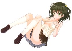 Rule 34 | 1girl, ass, bad id, bad pixiv id, blush, bokokichi (you), breasts, cleavage, green eyes, green hair, hair ornament, heart, heart hands, kneehighs, leg lift, looking at viewer, matching hair/eyes, no panties, open clothes, open shirt, original, pleated skirt, school uniform, shirt, shoes, short hair, short sleeves, skirt, smile, socks, solo, thighs, unbuttoned, white background, white socks