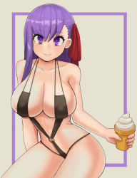 Rule 34 | 10s, 1girl, arms at sides, bb (fate), bb (fate/extra), black one-piece swimsuit, breasts, cleavage, donburi (donburikazoku), fate/extra, fate/extra ccc, fate (series), food, grey background, hair ornament, half updo, halterneck, highres, ice cream, ice cream cone, large breasts, long hair, one-piece swimsuit, purple eyes, purple hair, red ribbon, ribbon, simple background, slingshot swimsuit, solo, swimsuit, third-party source
