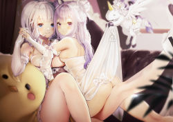 Rule 34 | 2girls, absurdres, ass, azur lane, bad id, bad pixiv id, bare shoulders, blue eyes, blunt bangs, bow, breasts, clothes lift, couch, double bun, dress, dress bow, dress lift, elbow gloves, gloves, hair bun, hair intakes, headgear, highres, holding hands, illustrious (azur lane), illustrious (muse) (azur lane), large breasts, long hair, looking at viewer, manjuu (azur lane), multiple girls, no panties, official alternate costume, purple eyes, purple hair, rasukii (pamiton), see-through, see-through dress, skindentation, skirt, unicorn, unicorn (angelic night) (azur lane), unicorn (azur lane), white dress, white gloves, white hair, white skirt