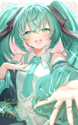 Rule 34 | 1girl, absurdres, blue eyes, blue hair, blush, character name, collared shirt, commentary, detached sleeves, english commentary, frilled necktie, frilled sleeves, frills, hair ribbon, hand on own chest, happy birthday, hatsune miku, headset, highres, long hair, long sleeves, lushuao, mixed-language commentary, nail polish, necktie, open mouth, reaching, reaching towards viewer, ribbon, shirt, sleeveless, sleeveless shirt, smile, solo, vocaloid
