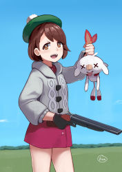 Rule 34 | 1girl, :d, absurdres, arm up, artist name, blue sky, blush, bright pupils, cardigan, commentary, cowboy shot, creatures (company), day, english commentary, field, game freak, gen 8 pokemon, gloria (pokemon), green hat, grey cardigan, gun, hat, highres, holding, holding gun, holding weapon, kion-kun, long sleeves, looking at viewer, miniskirt, nintendo, open mouth, outdoors, pink skirt, pokemon, pokemon (creature), pokemon swsh, scorbunny, short hair, shotgun, skirt, sky, smile, swept bangs, tareme, tongue, tongue out, trigger discipline, v-shaped eyebrows, weapon, x x