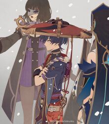 Rule 34 | 1boy, 1girl, 1other, arm armor, arm up, artist name, belt, black belt, black headwear, black shirt, black shorts, black vest, blue eyes, blue hair, blunt ends, brown coat, brown hair, brown pantyhose, buttons, chinikuniku, closed mouth, coat, covered eyes, crossed arms, dark blue hair, dated, detached sleeves, dress, eye mask, fatui pyro agent (genshin impact), fingernails, fur trim, genshin impact, gold, grey background, grey mask, hair between eyes, hand up, hands up, hat, jewelry, jingasa, long sleeves, looking to the side, mandarin collar, mask, mitsudomoe (shape), necklace, open clothes, open coat, open mouth, open vest, pantyhose, pom pom (clothes), puffy long sleeves, puffy sleeves, purple belt, purple dress, red belt, red headwear, scaramouche (genshin impact), shirt, short hair, short sleeves, shorts, simple background, snowing, standing, steam, tassel, teeth, tomoe (symbol), tongue, vest, watermark