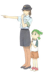 Rule 34 | 2girls, age difference, artist request, brown hair, character request, child, flute, green hair, hat, highres, instrument, koiwai yotsuba, multiple girls, official art, outdoors, pointing, police, police uniform, policewoman, raglan sleeves, recorder, shirt, shoes, short hair, short sleeves, shorts, simple background, size difference, skirt, sneakers, t-shirt, uniform, whistle, white background, yotsubato!