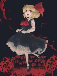 Rule 34 | 1girl, ascot, black background, black footwear, black skirt, black vest, blonde hair, bow, collared shirt, flower, frilled skirt, frills, full body, hair between eyes, hair bow, highres, long sleeves, mary janes, mimi (ikrptppt), open mouth, pantyhose, red ascot, red bow, red eyes, rumia, shirt, shoes, short hair, skirt, smile, solo, spider lily, touhou, vest, white pantyhose, white shirt